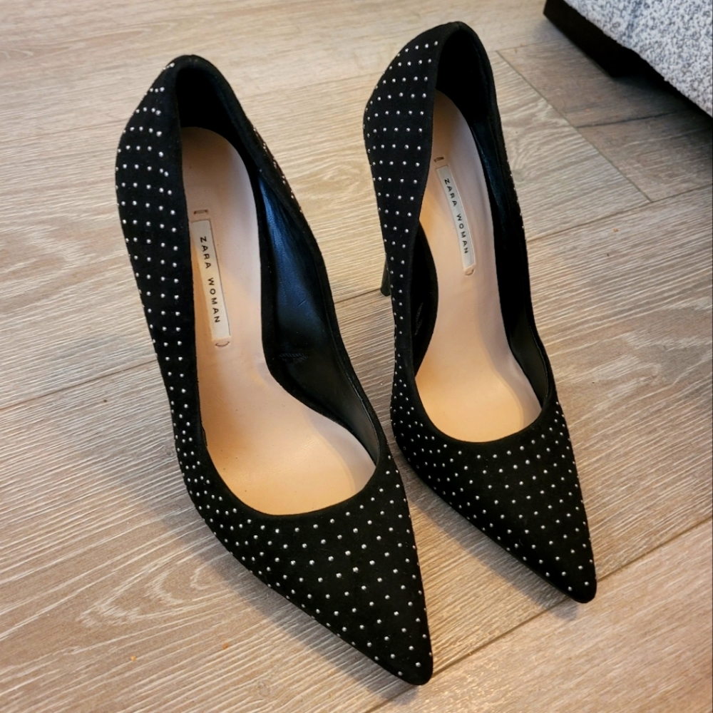 Zara | Black | Suede | Beaded | Stiletto Pump Heels | Size 8